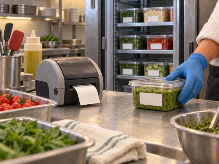 Illustrazione 3D di un piano di lavoro in acciaio di una cucina professionale: una stampante termica emette un'etichetta bianca mentre una mano in guanto di nitrile blu appoggia un contenitore di salsa verde etichettato, con un frigorifero di contenitori etichettati sullo sfondo