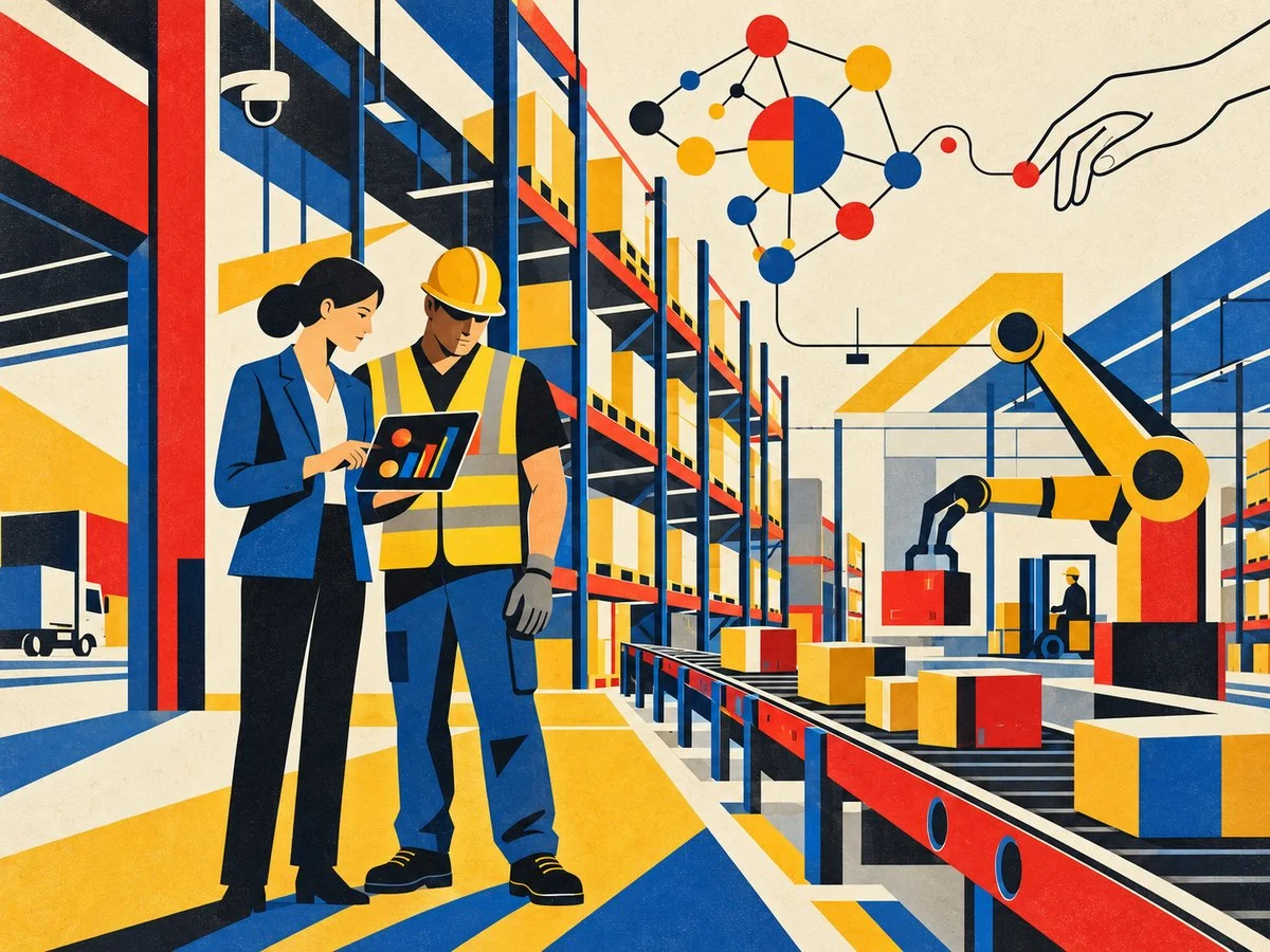 Illustrazione in stile poster Bauhaus: in un magazzino logistico una responsabile della sicurezza e un magazziniere con casco, gilet ad alta visibilità e guanti guardano un tablet con grafici astratti, accanto a scaffalature, nastro trasportatore e braccio robotico; in alto una rete di cerchi collegata a una mano umana