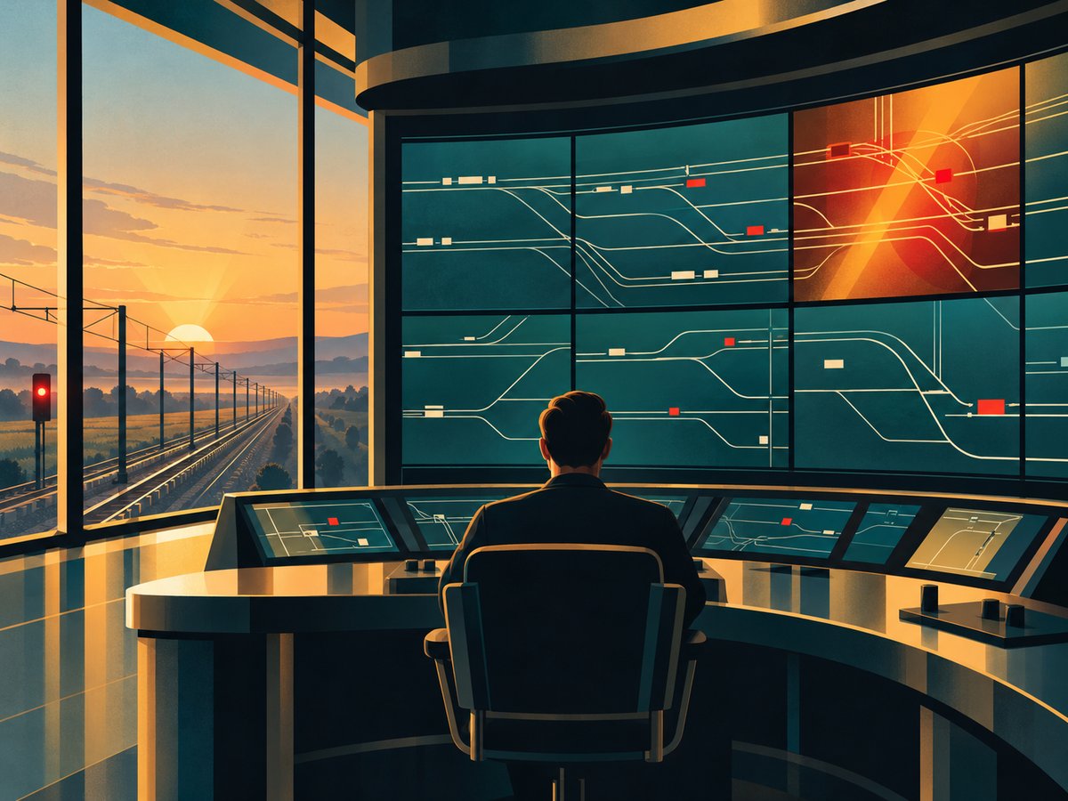 Illustrazione in stile manifesto Art Déco: un operatore di spalle in una sala di controllo della circolazione ferroviaria guarda una parete di schermi con schemi di binari, una parte dei quali in allarme arancione e rosso; dalla vetrata una linea ad alta velocità vuota con un segnale rosso all'alba