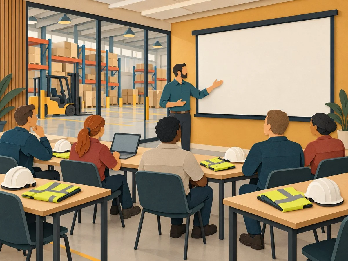 Illustrazione in carta ritagliata di un'aula di formazione aziendale: un formatore davanti a uno schermo e lavoratori ai banchi con caschi e gilet ad alta visibilità, magazzino con carrello elevatore oltre la vetrata